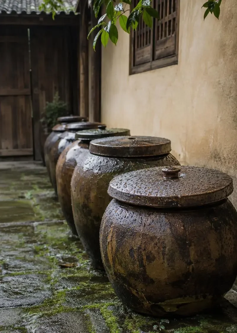 花魁短剧网页版《梅雨后的酱坊》封面,老院里排列的陶缸与雨珠